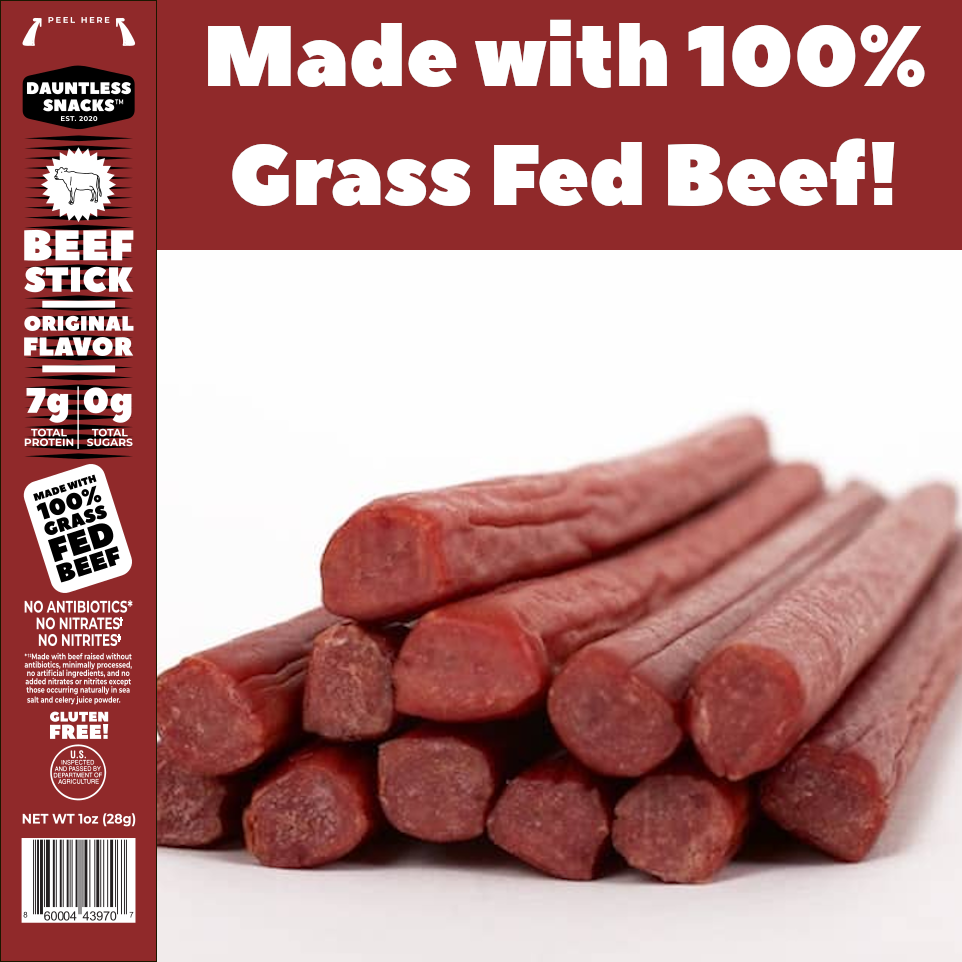 Dauntless Snacks Original Flavor Label with picture of beef snack sticks with a white background.  The text at the top reads "Made with 100% Grass Fed Beef"